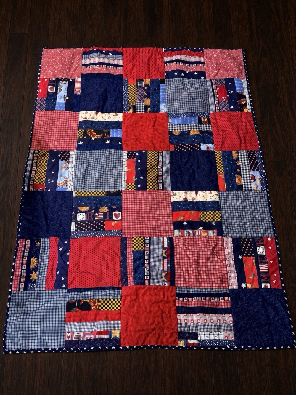 Patriotic Red White Blue Patchwork Quilt